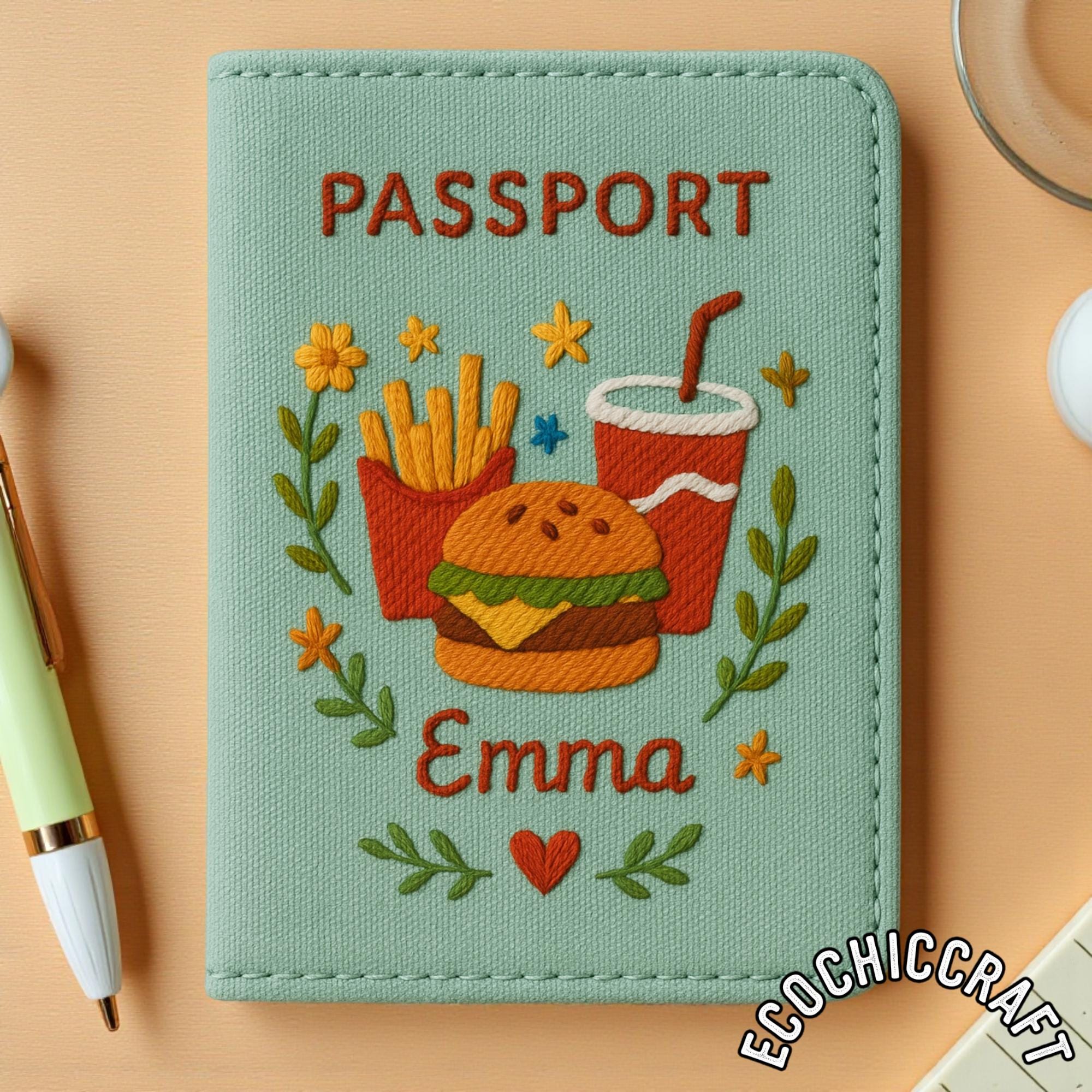 Food Lover Embroidered Passport Cover, Handmade Travel Wallet with World Cuisine Designs, Personalized Gift for Travelers and Foodies - Image 2