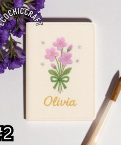 Handmade Violet Flower Embroidered Linen Passport Cover - Personalized - Image 3