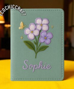 Handmade Violet Flower Embroidered Linen Passport Cover - Personalized