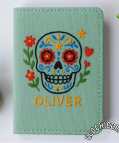 Alternative view of Embroidered Latin American Passport Cover, Aztec Floral Skull, Mexican Folk Art Embroidery Card Holder, Día de los Muertos Travel Wallet
