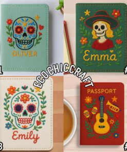 Embroidered Latin American Passport Cover, Aztec Floral Skull, Mexican Folk Art Embroidery Card Holder, Día de los Muertos Travel Wallet - Image 4