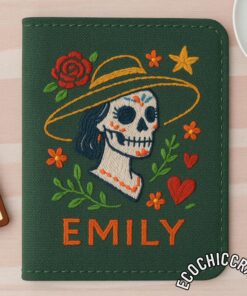 Embroidered Latin American Passport Cover, Aztec Floral Skull, Mexican Folk Art Embroidery Card Holder, Día de los Muertos Travel Wallet