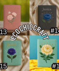 Hand Embroidered Peony Passport Cover: Personalized Linen Travel Wallet - Image 7