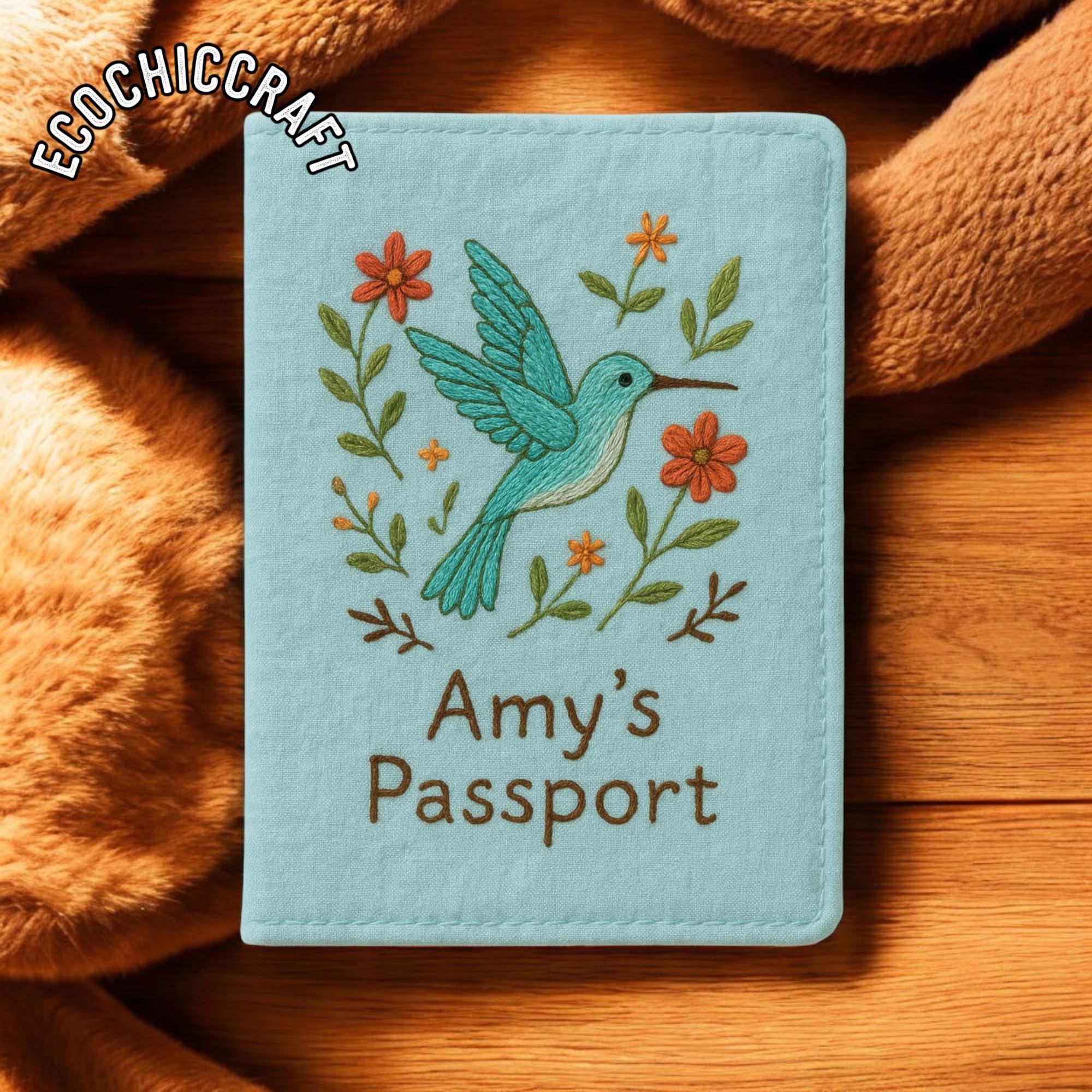 Hand Embroidered Passport Cover, Hummingbird Swallow Peacock Owl Seagull Sparrow Design, Bird Embroidery Travel Gift - Image 3