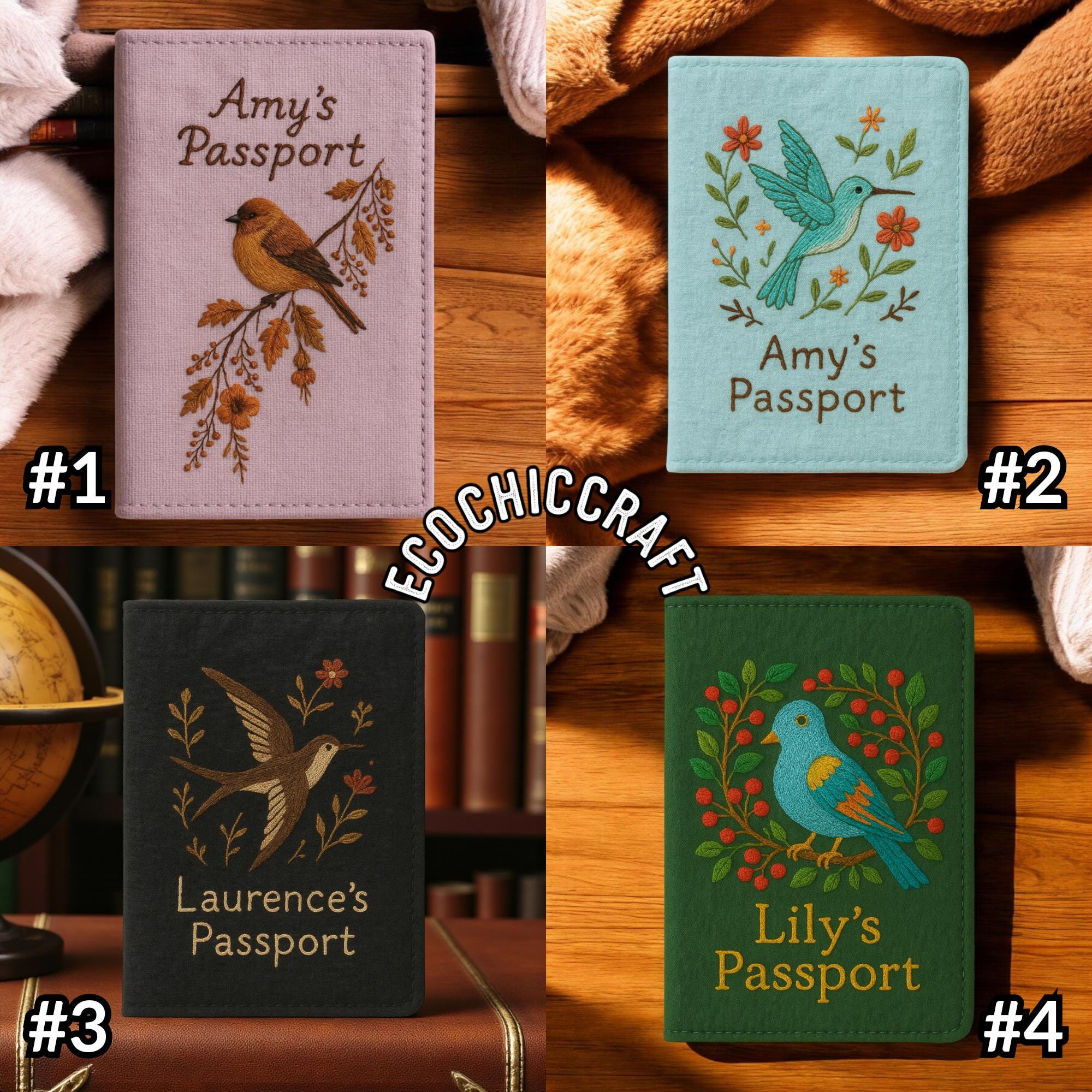 Hand Embroidered Passport Cover, Hummingbird Swallow Peacock Owl Seagull Sparrow Design, Bird Embroidery Travel Gift - Image 4