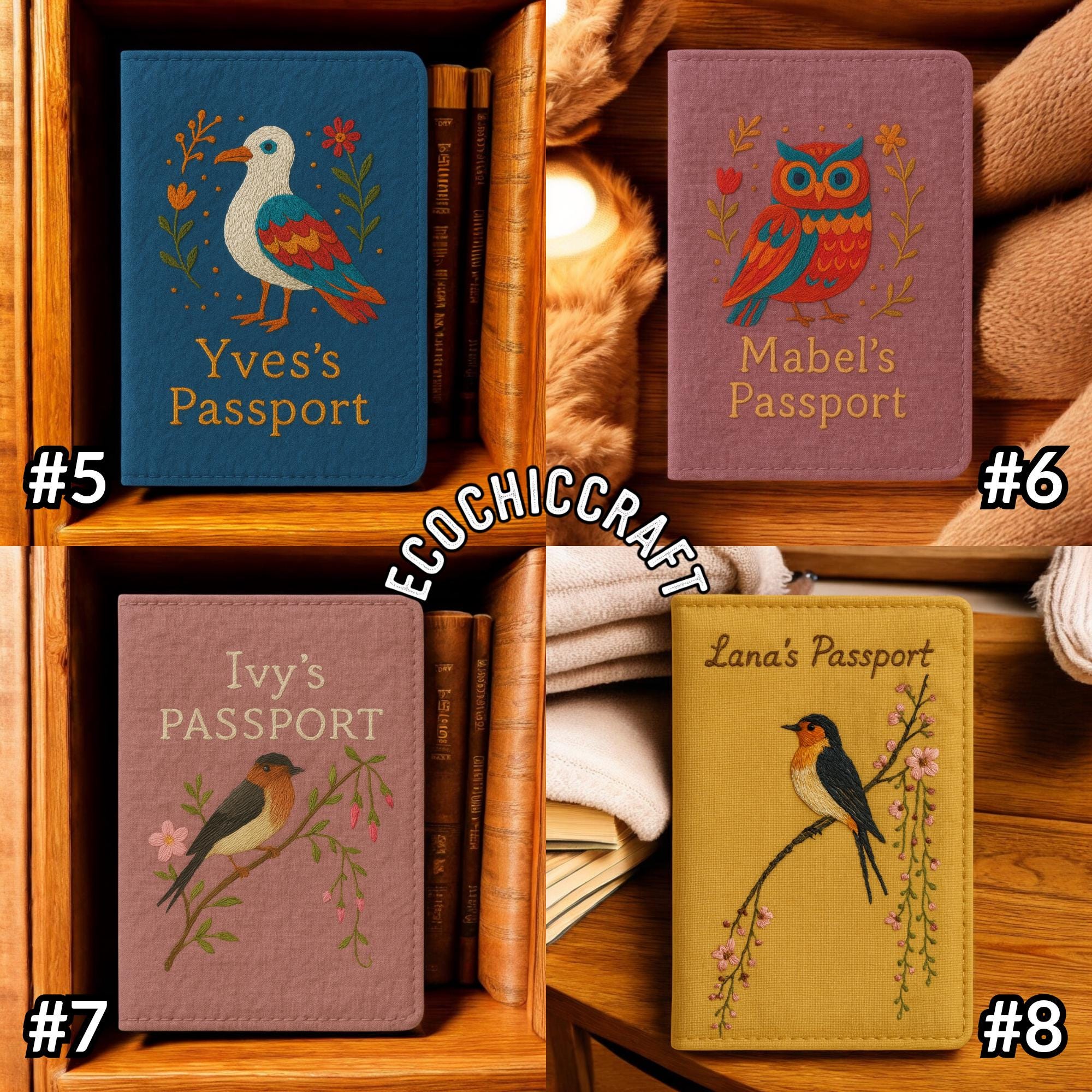 Hand Embroidered Passport Cover, Hummingbird Swallow Peacock Owl Seagull Sparrow Design, Bird Embroidery Travel Gift - Image 5