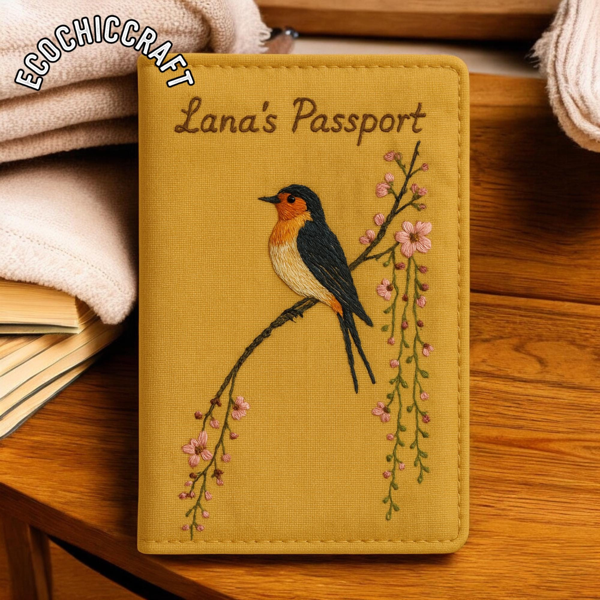 Hand Embroidered Passport Cover, Hummingbird Swallow Peacock Owl Seagull Sparrow Design, Bird Embroidery Travel Gift