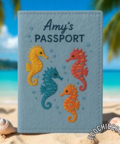 Hand Embroidered Passport Cover, Ocean Theme Travel Wallet, Sea Waves Starfish Seashell Turtle Coral Passport Holder, Unique Traveler Gift