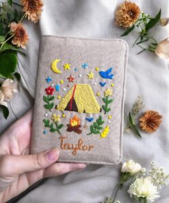 Travel Embroidered Passport Cover - Handmade Adventure Passport Holder with Plane, Train, Mountain, Camping | Personalized Travel Cute Gift - Image 10
