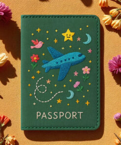 Travel Embroidered Passport Cover - Handmade Adventure Passport Holder with Plane, Train, Mountain, Camping | Personalized Travel Cute Gift