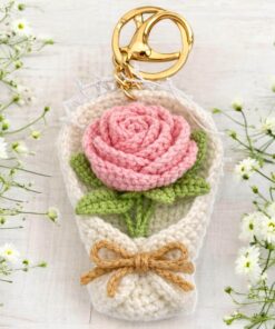 Crochet Rose Keychain - Handmade Rose Flower Key Holder, Cute Crochet Floral Bag Charm, Amigurumi Flower Gift, Cute Marine Life Gift