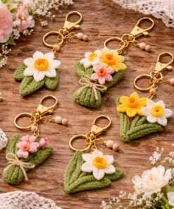 Crochet Narcissus Flower Keychain - Handmade Daffodil Keychain, Amigurumi Floral Bag Charm, Spring Gift, Cute Marine Life Gift