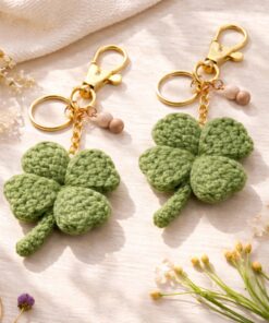 Crochet Four Leaf Clover Keychain - Handmade Lucky Clover Keychain, Amigurumi Green Bag Charm, Good Luck Gift, Gift for Lovers