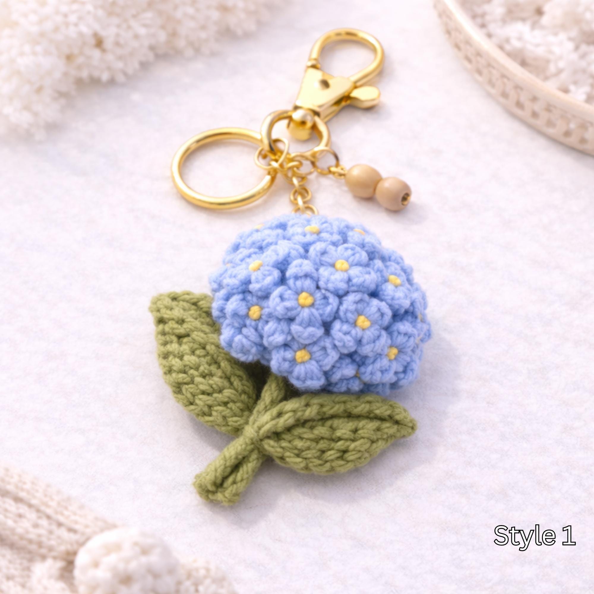 Crochet Hydrangea Flower Keychain - Handmade Hydrangea Keychain, Amigurumi Floral Bag Charm, Cottagecore Gift, Cute Marine Life Gift - Image 2