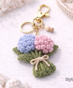 Crochet Hydrangea Flower Keychain - Handmade Hydrangea Keychain, Amigurumi Floral Bag Charm, Cottagecore Gift, Cute Marine Life Gift - Image 3