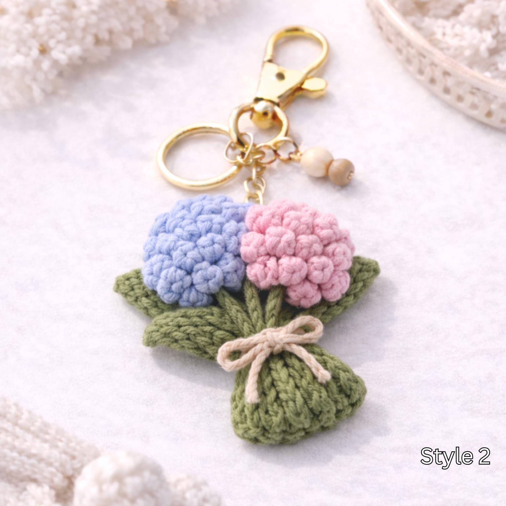 Crochet Hydrangea Flower Keychain - Handmade Hydrangea Keychain, Amigurumi Floral Bag Charm, Cottagecore Gift, Cute Marine Life Gift - Image 3