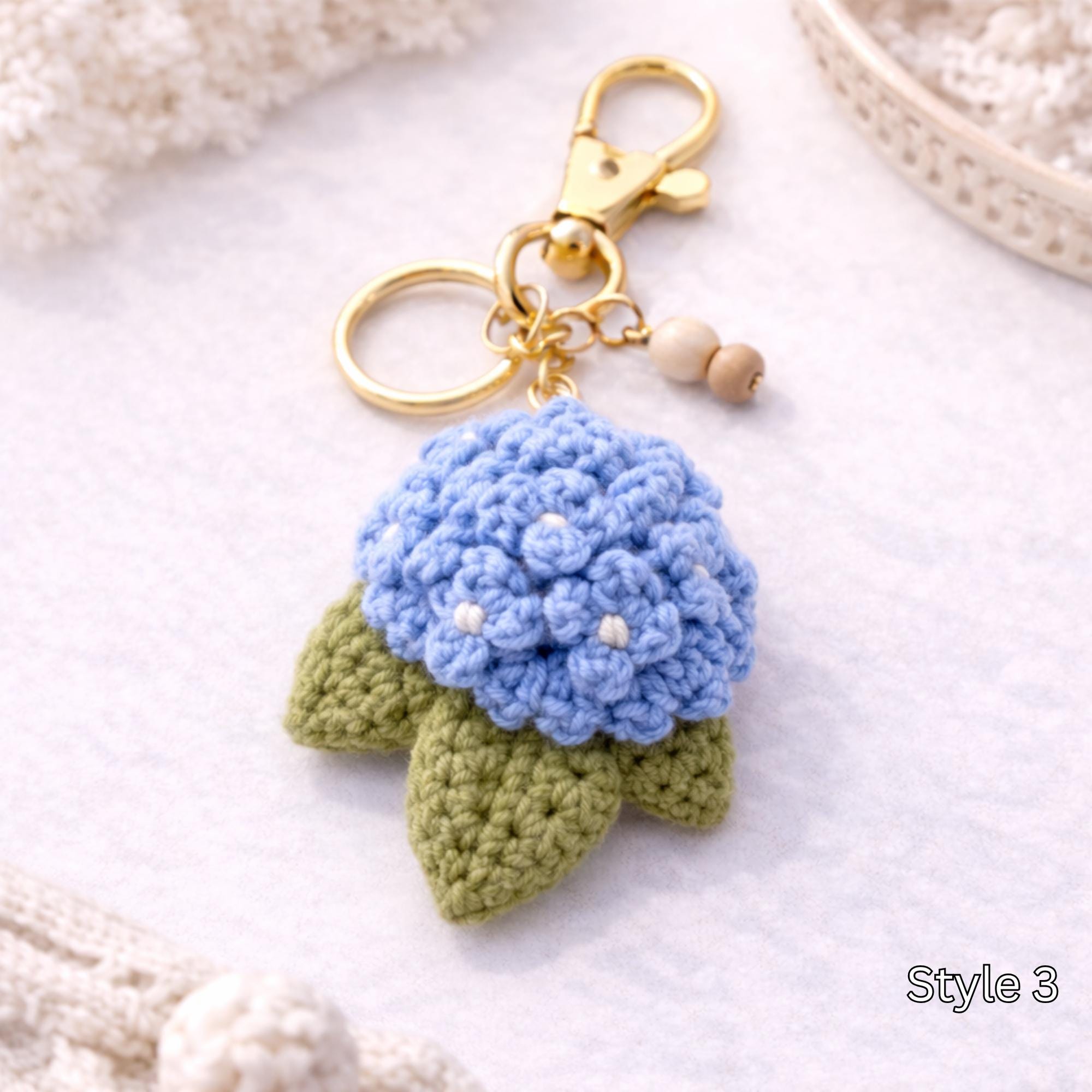 Crochet Hydrangea Flower Keychain - Handmade Hydrangea Keychain, Amigurumi Floral Bag Charm, Cottagecore Gift, Cute Marine Life Gift - Image 4