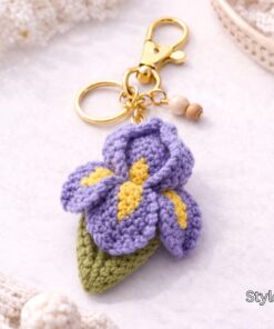 Alternative view of Crochet Iris Flower Keychain Handmade Iris Floral Keychain, Elegant Gift, Amigurumi Flower Bag Charm, Cottagecore Gift,Cute Marine Life Gift