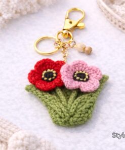 Alternative view of Crochet Poppy Flower Keychain - Handmade Poppy Keychain, Amigurumi Flower Bag Charm, Cute Floral Gift, Cute Marine Life Gift