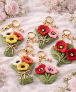 Crochet Poppy Flower Keychain - Handmade Poppy Keychain, Amigurumi Flower Bag Charm, Cute Floral Gift, Cute Marine Life Gift