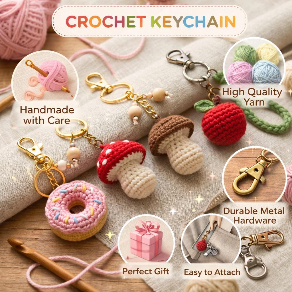 Crochet Mushroom Keychain - Handmade Amigurumi Mushroom Bag Charm, Cute Kawaii Key Holder Gift, Cute Marine Life Gift, Backpack Accessory - Image 10