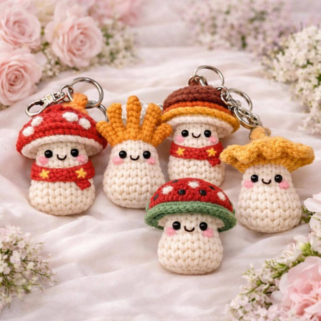 Crochet Mushroom Keychain - Handmade Amigurumi Mushroom Bag Charm, Cute Kawaii Key Holder Gift, Cute Marine Life Gift, Backpack Accessory