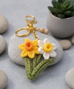 Crochet Narcissus Flower Keychain - Handmade Daffodil Keychain, Amigurumi Floral Bag Charm, Spring Gift, Cute Marine Life Gift - Image 5